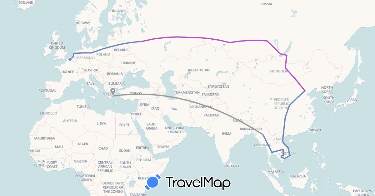 TravelMap itinerary: driving, plane, cycling, train in Belgium, China, Germany, France, Greece, Cambodia, Laos, Lithuania, Myanmar (Burma), Mongolia, Netherlands, Russia, Thailand, Vietnam (Asia, Europe)